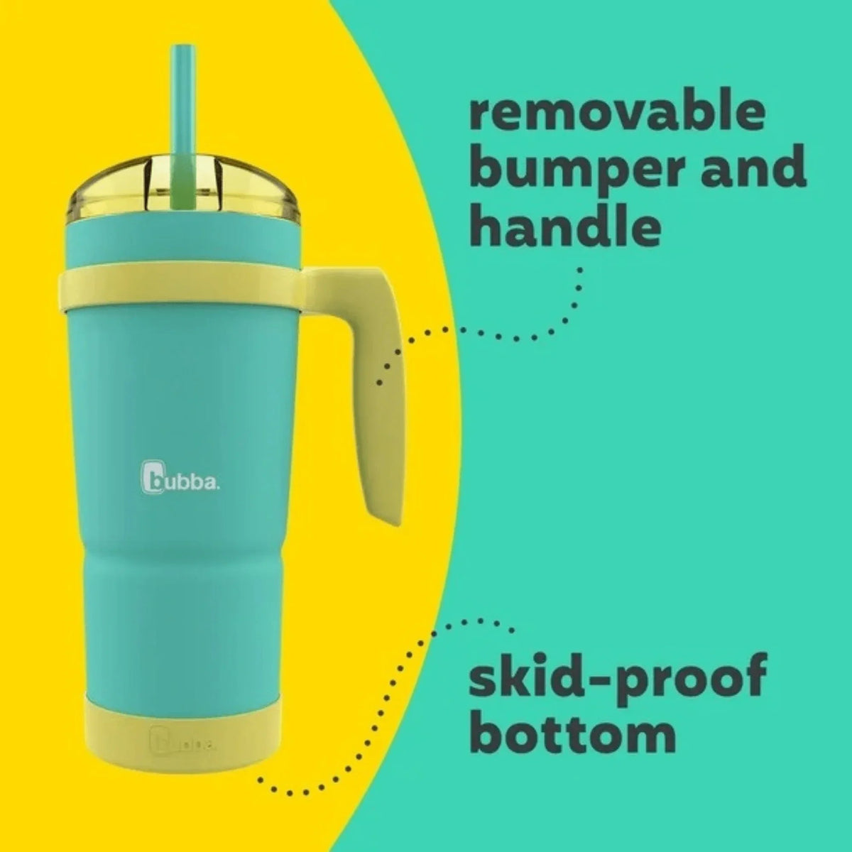 Removable vibrant bumper on Bubba tumbler provides no-slip base and color accent.