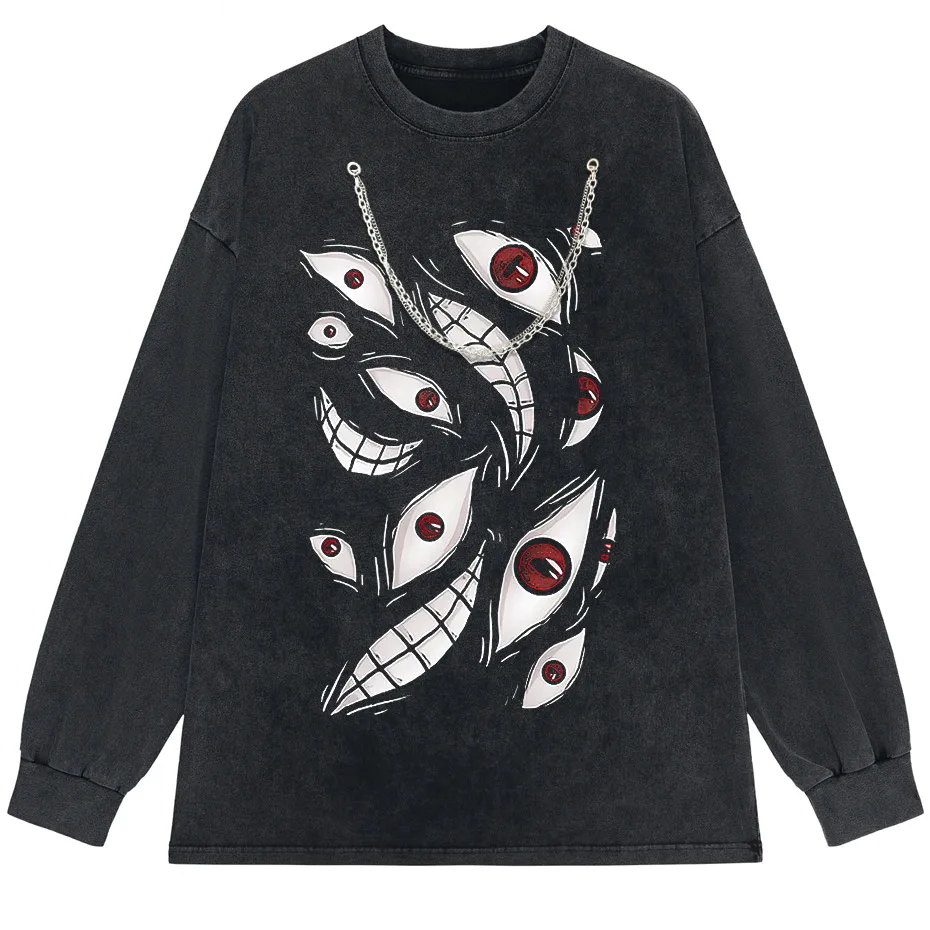 Front view of white Harajuku anime eyes graphic washed cotton t-shirt for men