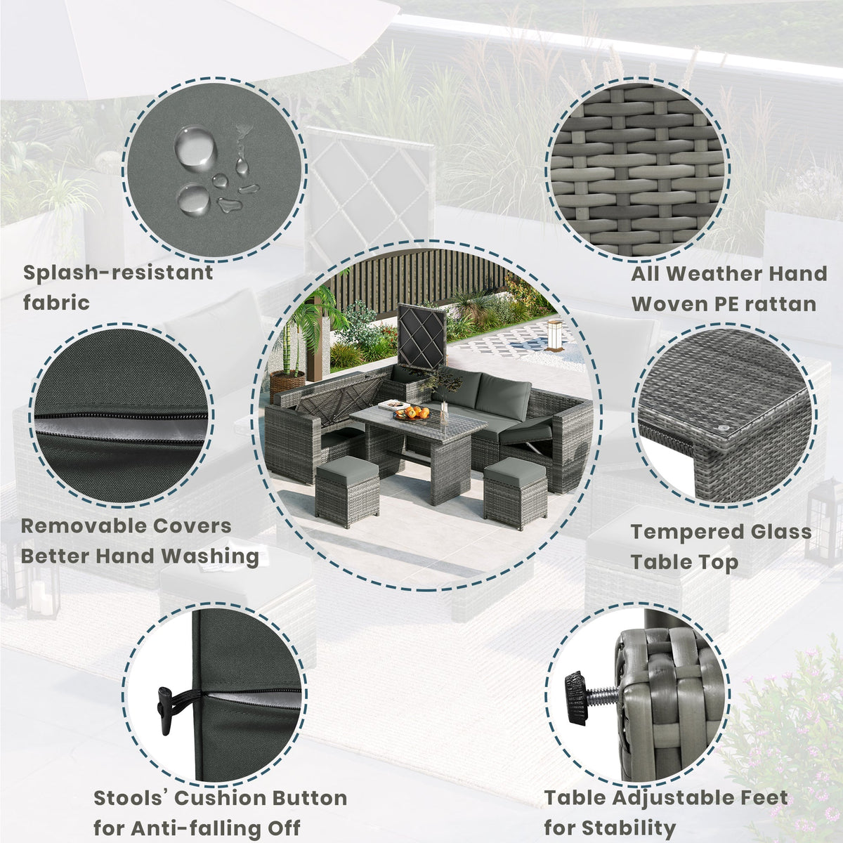Outdoor 6-Piece All Weather PE Rattan Sofa Set, Garden Patio Wicker