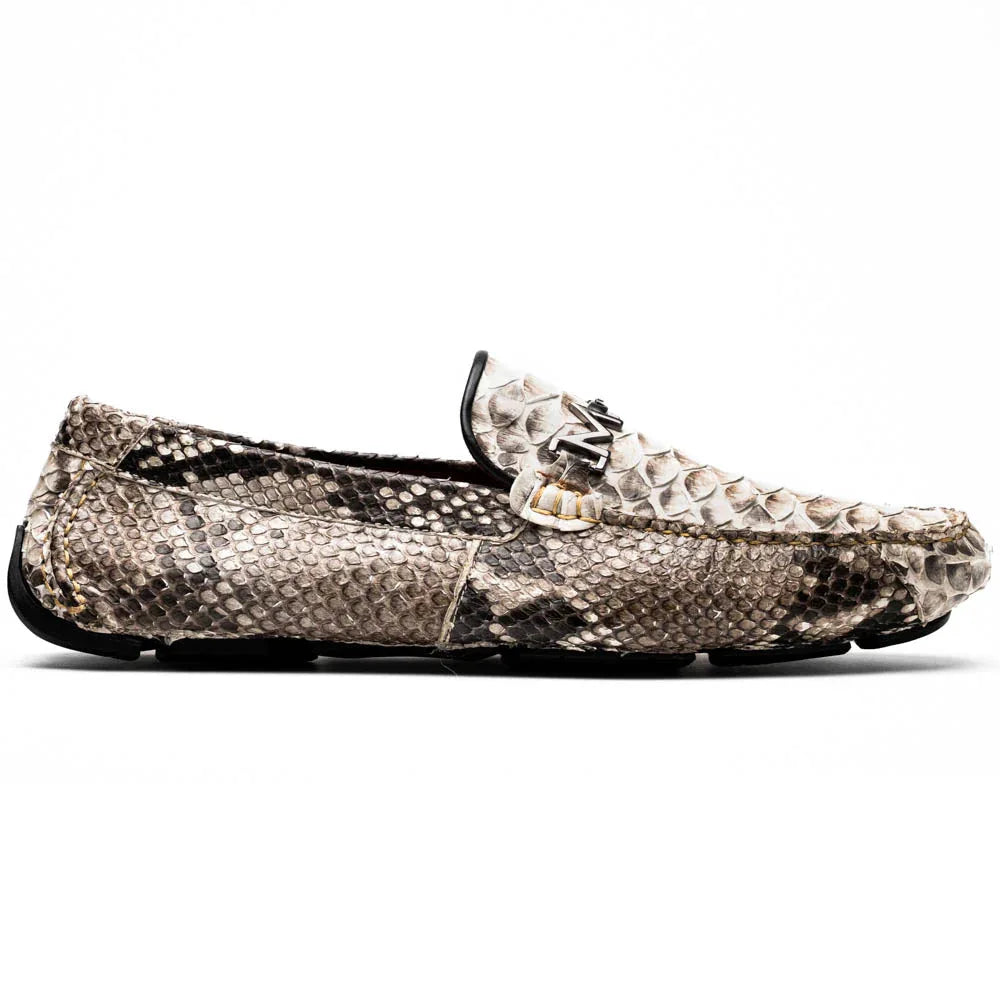 Top view of Capri natural python driving shoe highlighting hand-cut scales and elegant silhouette.