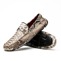 Close-up of natural-toned python skin driving shoe showcasing textured exotic scales and sleek loafer design.