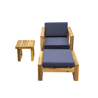 Close-up technical illustration of acacia wood lounge chair joints and assembly parts.