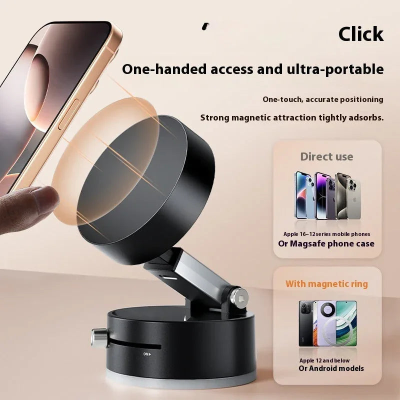 Foldable phone holder mounted on car dashboard holding a smartphone in landscape mode.