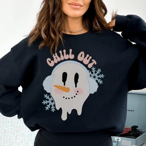 Black fleece sweatshirt featuring 'Chill Out' graphic, shown from front view