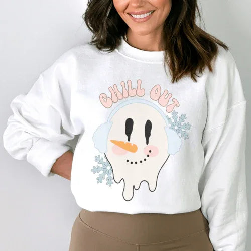 White fleece sweatshirt with 'Chill Out' text centered on chest, displayed against neutral backdrop