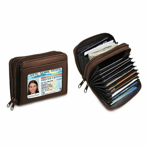 Chocolate brown women's leather wallet with butterfly embellishment and zipper closure.