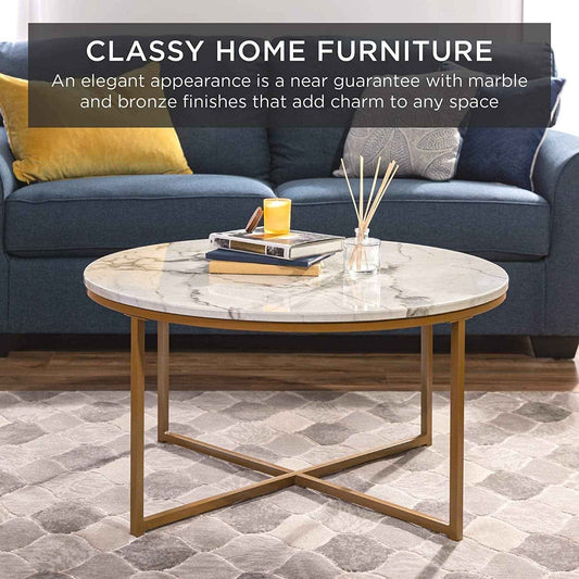 Round Coffee Table With Faux Marble Top Cross Leg Design