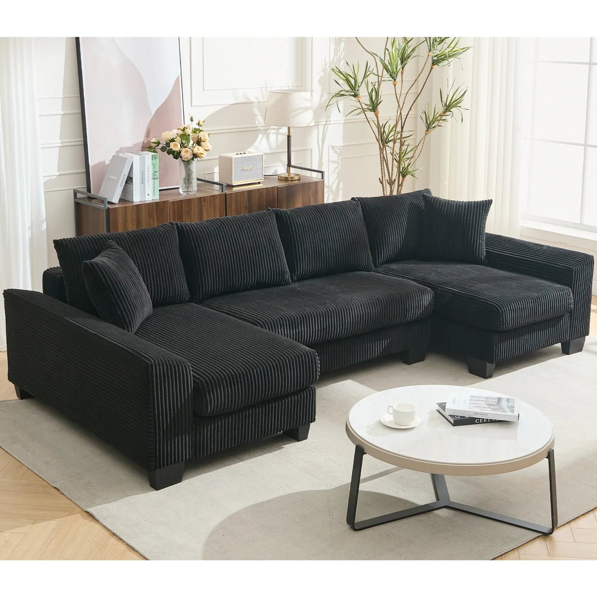 Illustration highlighting the sofa’s square arms and cushion back style.