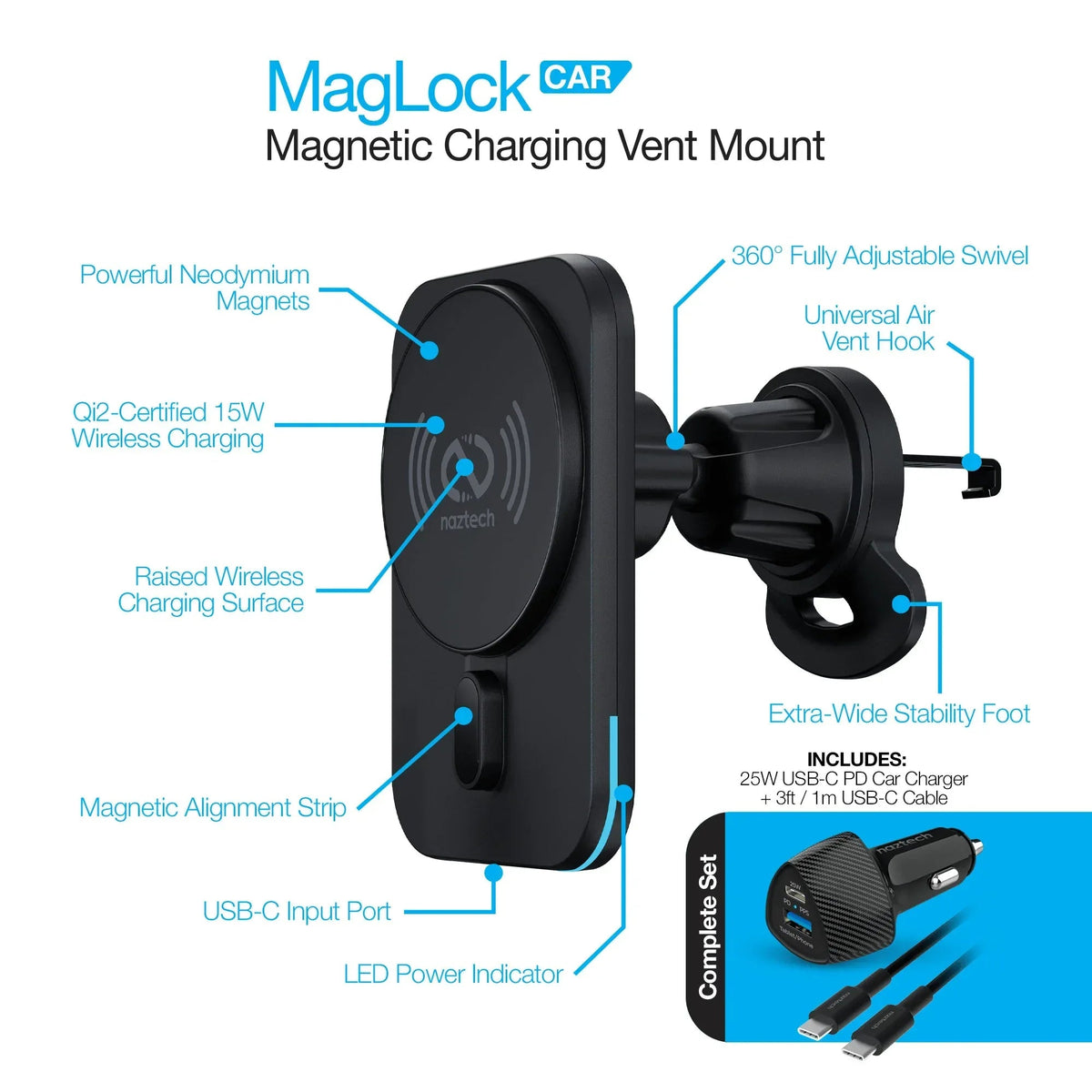 Naztech MagLock CAR 15W Magnetic Wireless Fast Charging Vent Mount - Snagva