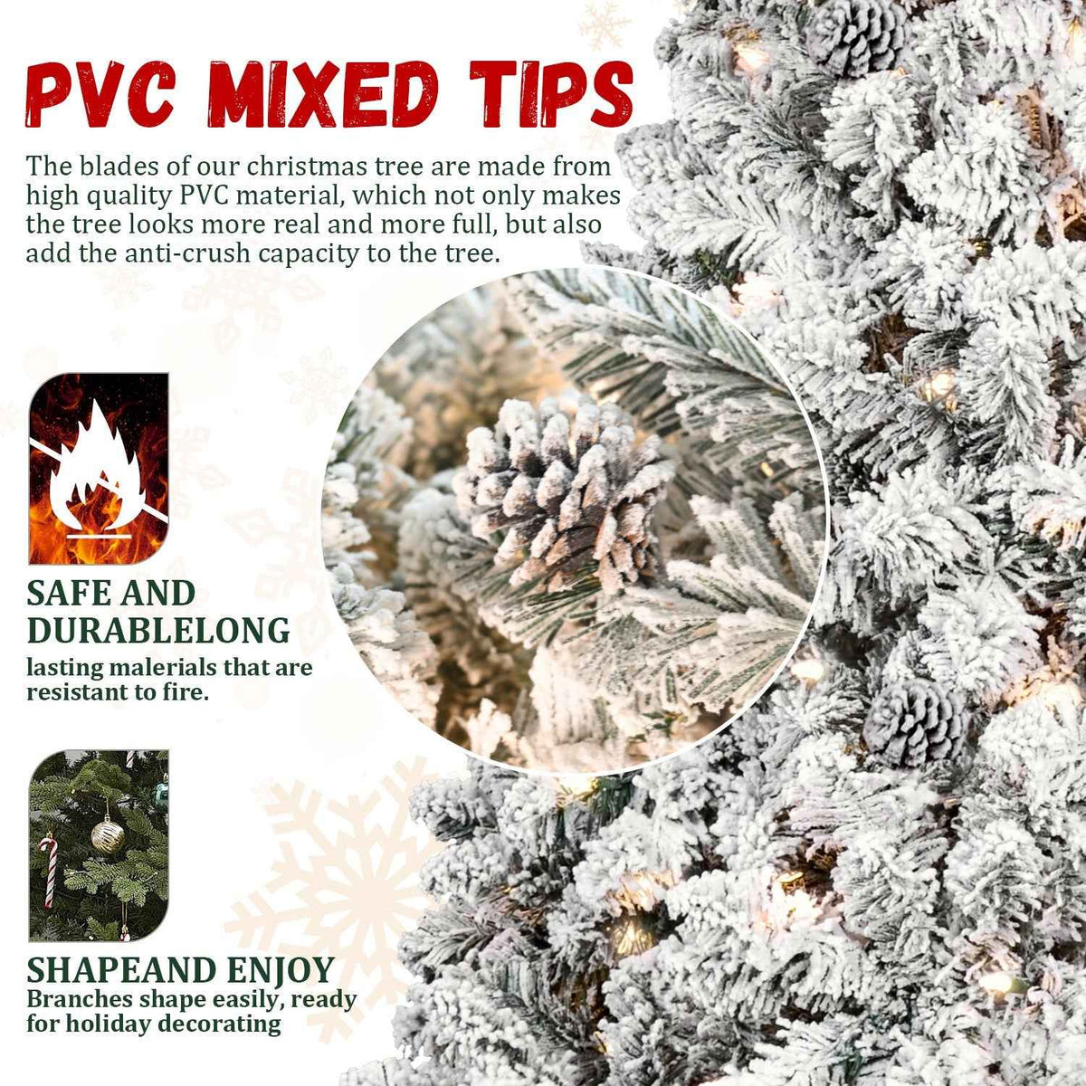 6FT Snow-Flocked Artificial Christmas Tree with Pine Cones, Prelit