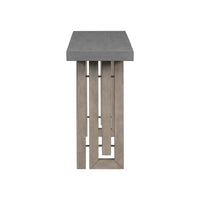 Side view of gray oak veneer console table highlighting artistic carved side panels and slim profile.