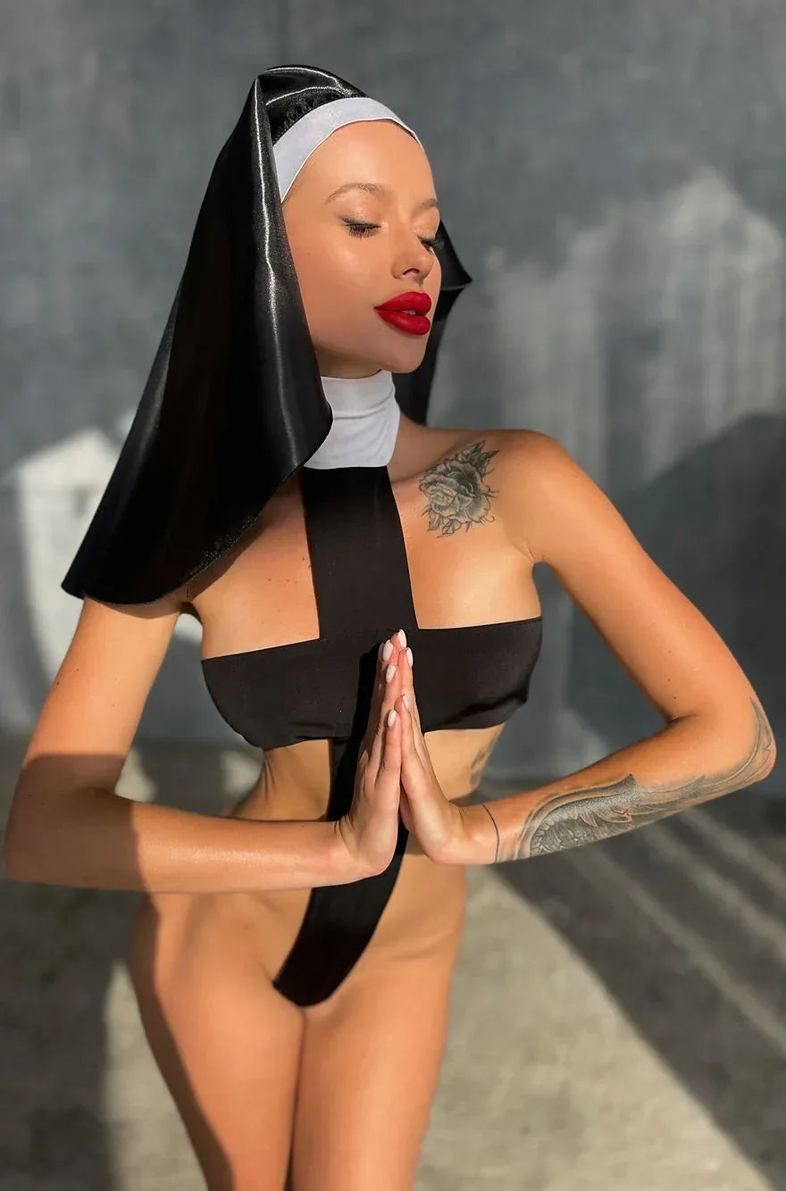 Nun Cosplay Cross Lingerie Bodysuit - Snagva