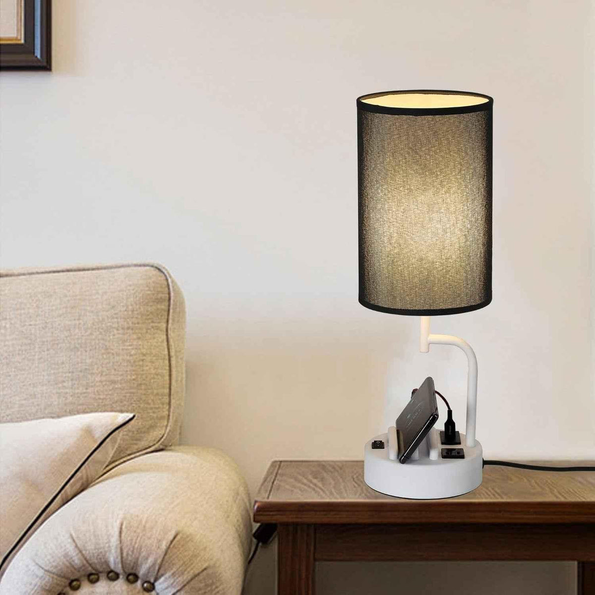 Table Lamp With 3 USB Ports And AC Outlet White Black