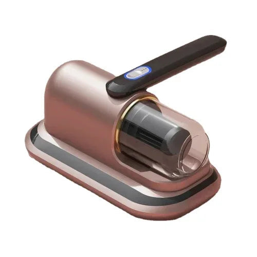 Cordless handheld mattress mite remover vacuum cleaner showing ergonomic grip and button controls.