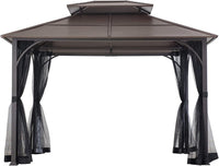 10x12 Brown Hardtop Gazebo With Steel Frame And Netting For Outdoor