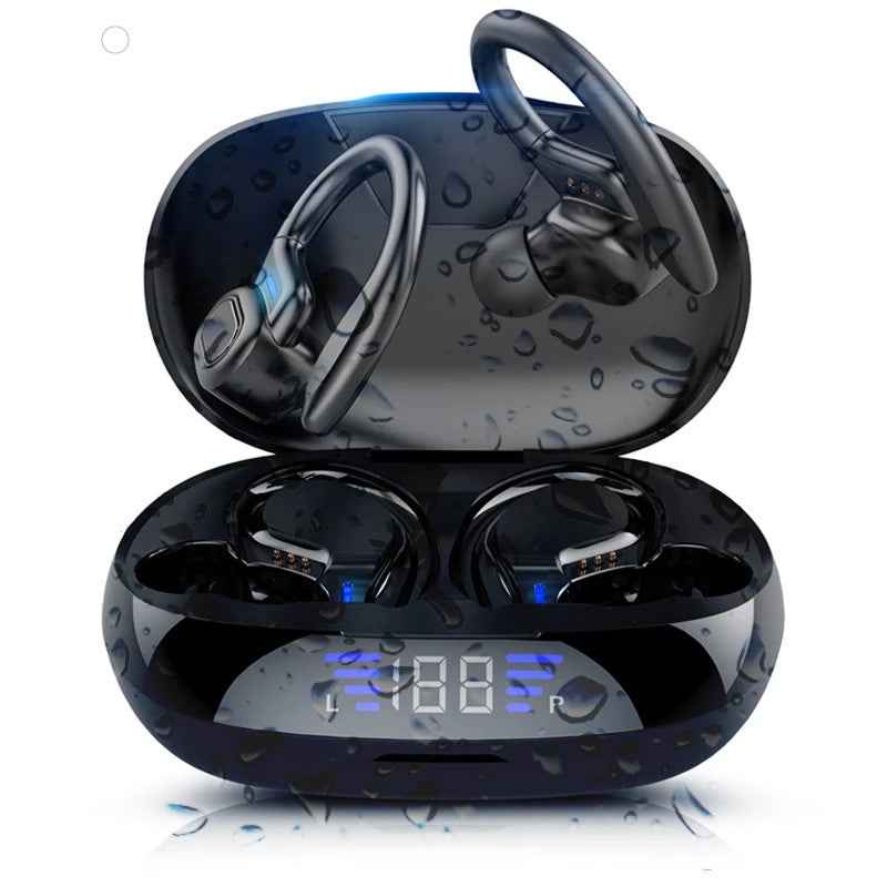 Black Bluetooth V5.0 TWS headset with LED power display and charging case