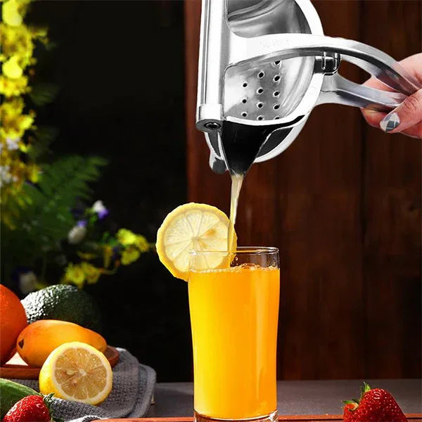Top view of JuicyStar manual juice squeezer highlighting circular juice collection area.
