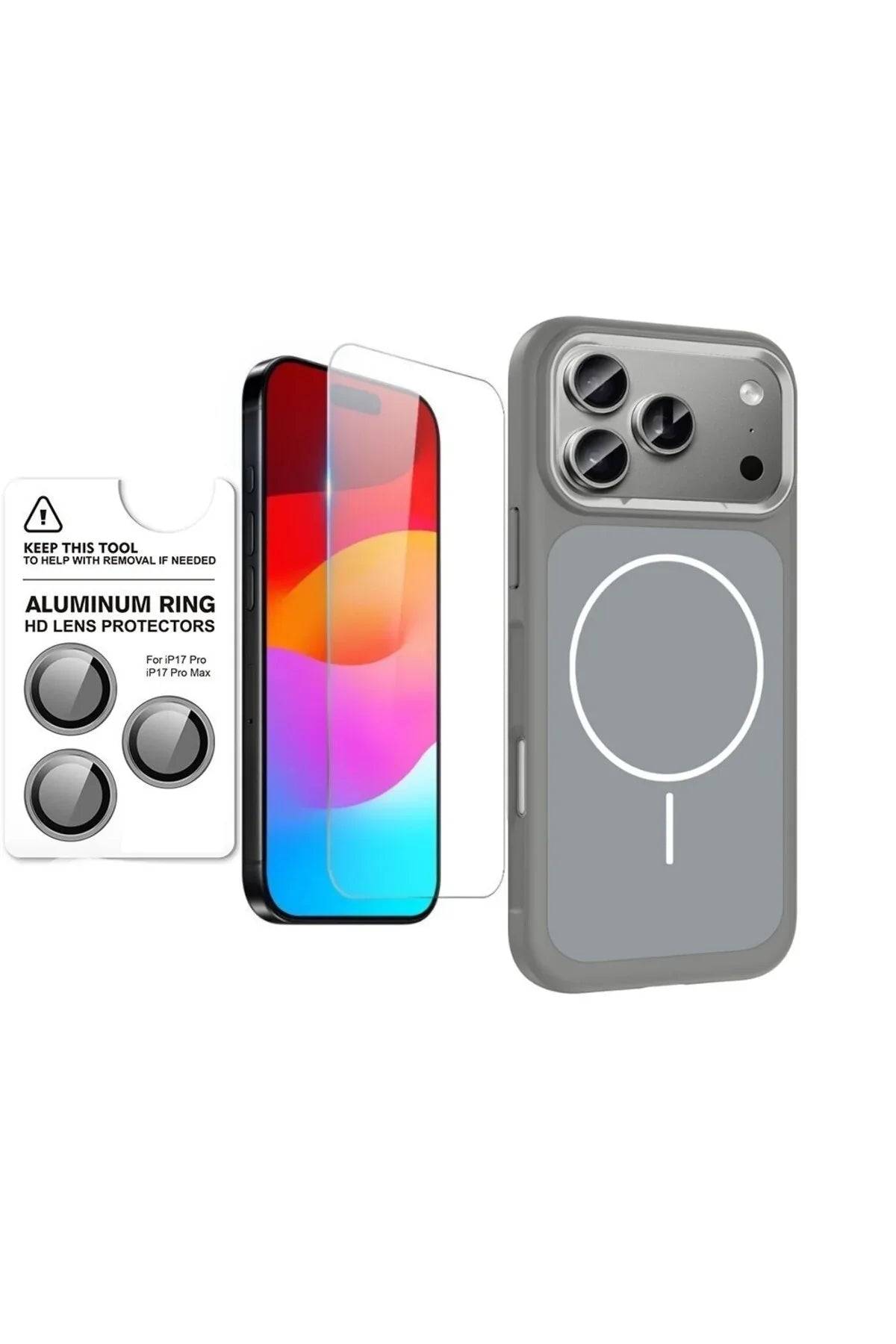 iPhone 17 Pro case with a clear screen protector and camera lens cover displayed on a wooden surface.