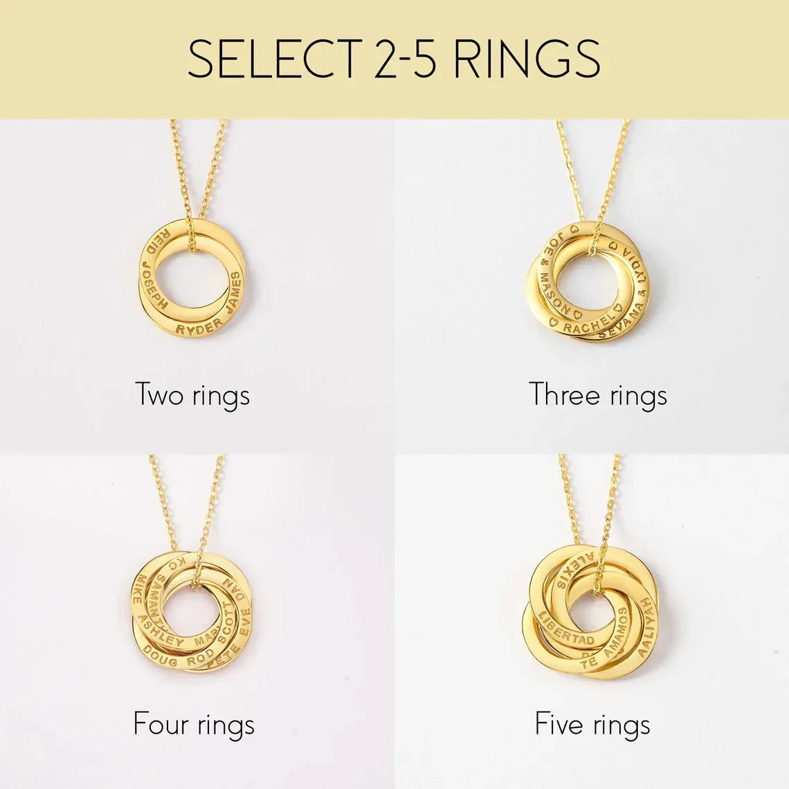 Detailed view of interlocking silver rings necklace showing smooth surfaces and engraved family names.