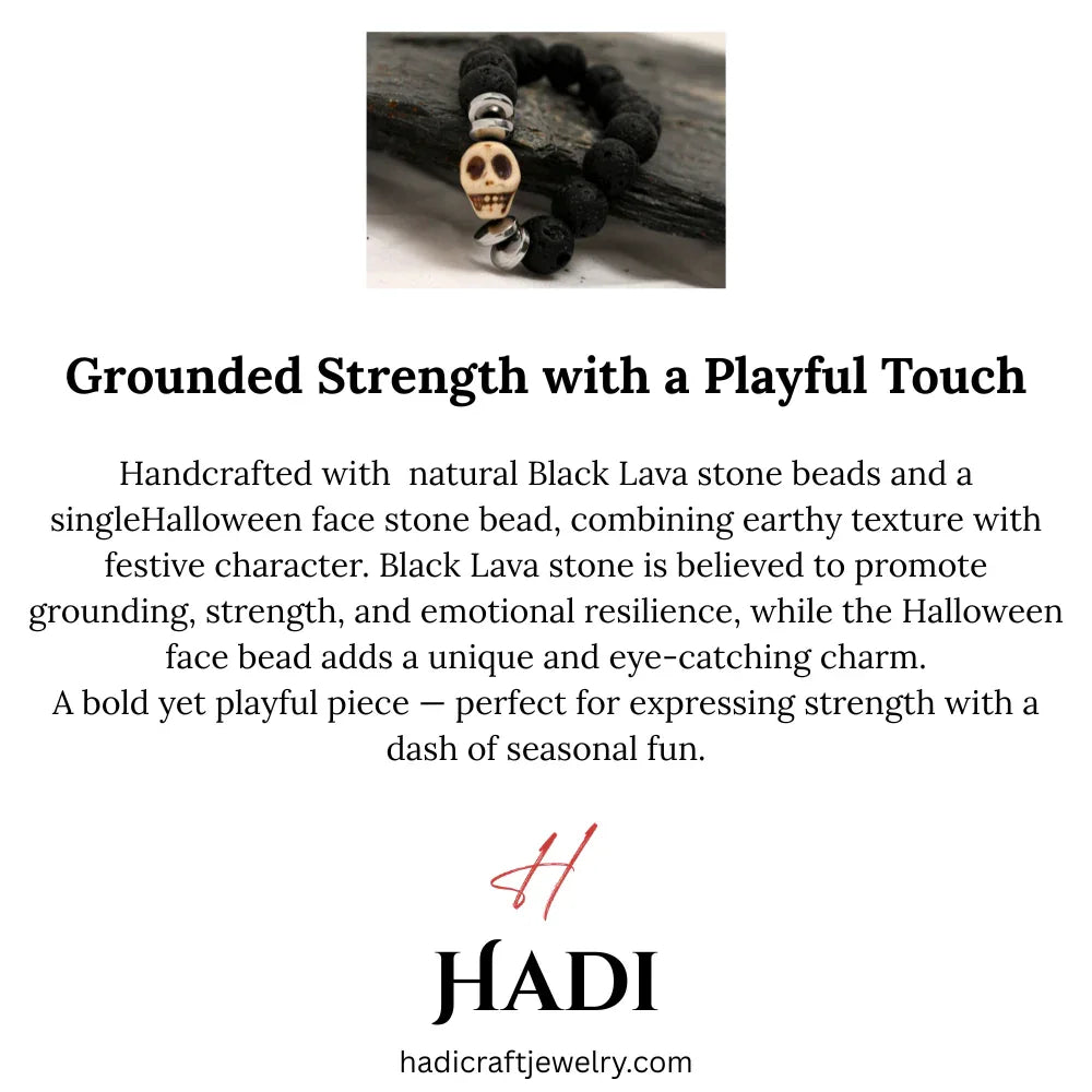 Top view of skull bracelet showing texture of porous black lava beads and silver spacers