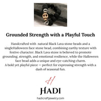 Top view of skull bracelet showing texture of porous black lava beads and silver spacers