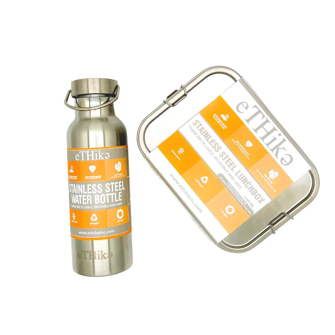 Lunchbox and water bottle starter kit displayed together on white background.