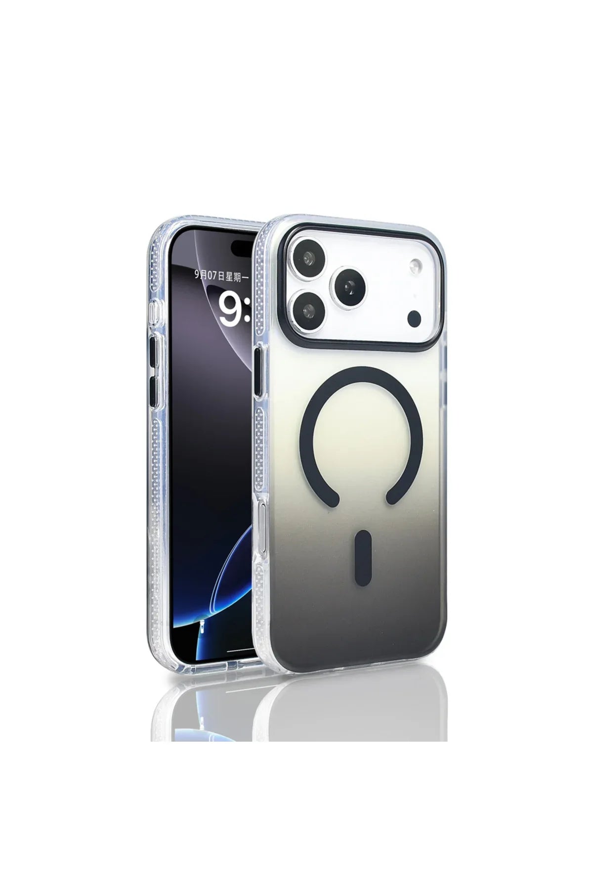 Top angle of transparent iPhone case with colorful gradient and magnetic charging cover attached