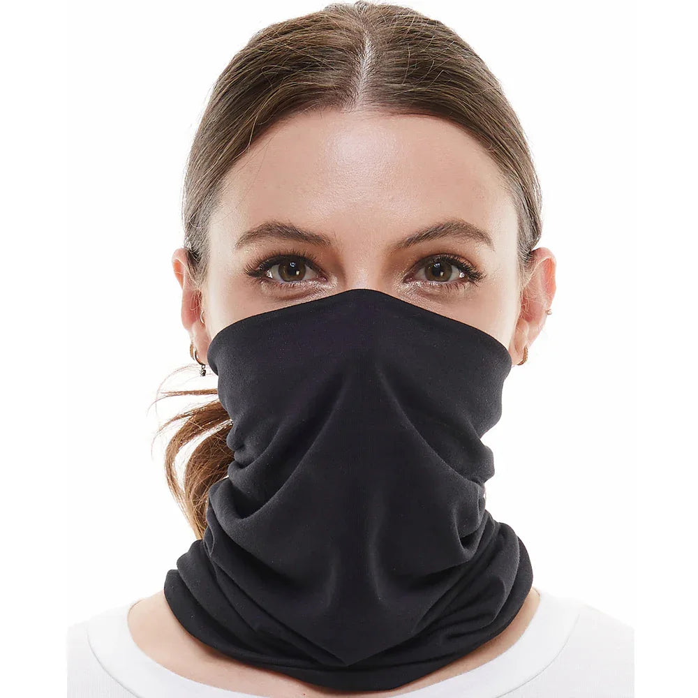Neck gaiter bandana scarf laid out, showing soft, washable fabric suitable for reuse.