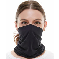 Neck gaiter bandana scarf laid out, showing soft, washable fabric suitable for reuse.