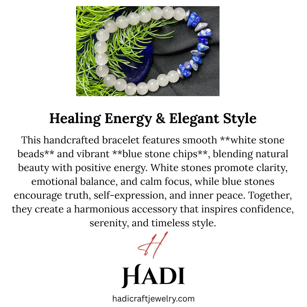 Hand wearing bracelet made of white stone beads and blue stone chips against neutral background.