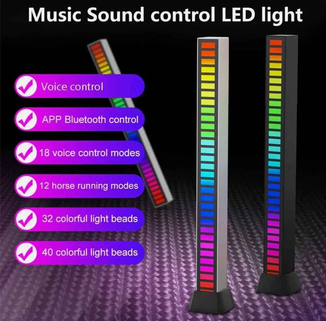 Two RGB sound reactive LED light bars standing upright, rainbow lit, on a promotional graphic listing voice and app Bluetooth control