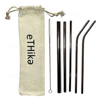 Reusable stainless steel straws arranged in the carrying pouch, emphasizing portability and convenience.