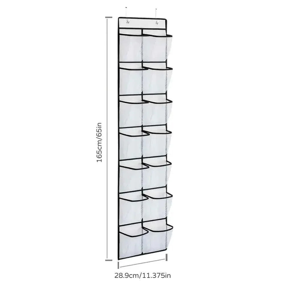 White over-the-door hanging organizer with 14 clear pockets holding shoes and accessories in a tidy arrangement.
