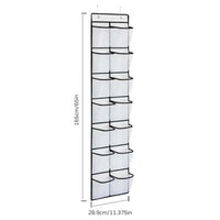 White over-the-door hanging organizer with 14 clear pockets holding shoes and accessories in a tidy arrangement.