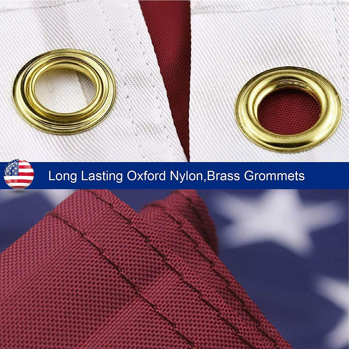 Close-up of brass grommet on the corner of the heavy duty embroidered American flag.