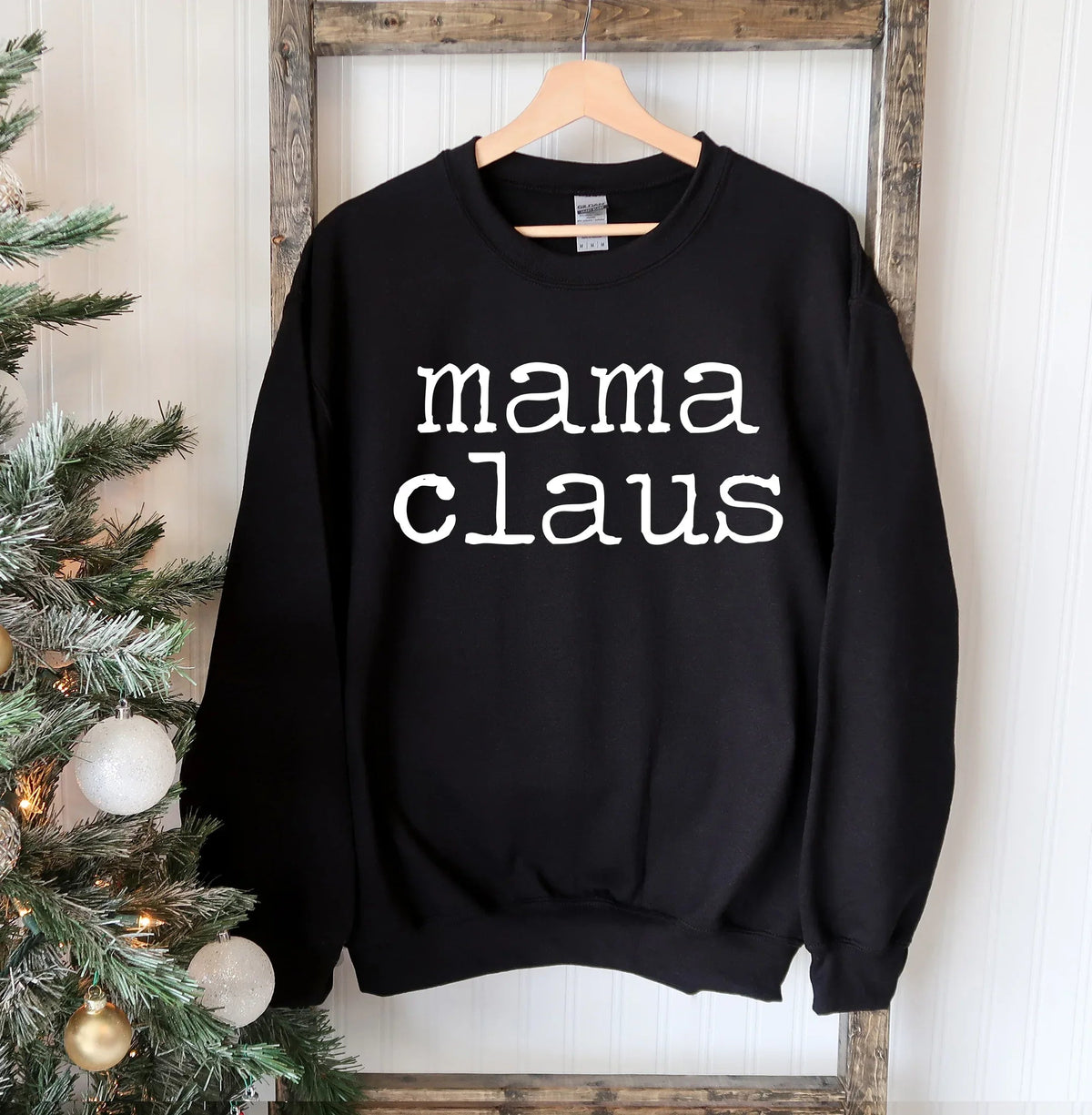 Back view of Mama Claus Christmas sweatshirt displaying soft fabric without creases.