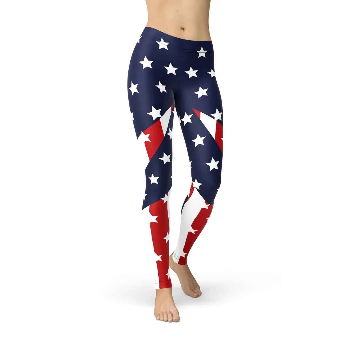 Close-up of women's leggings with American flag stars and stripes pattern