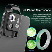 A compact 200X magnification lens with built-in LED light attached to a smartphone, ready for close-up photography.
