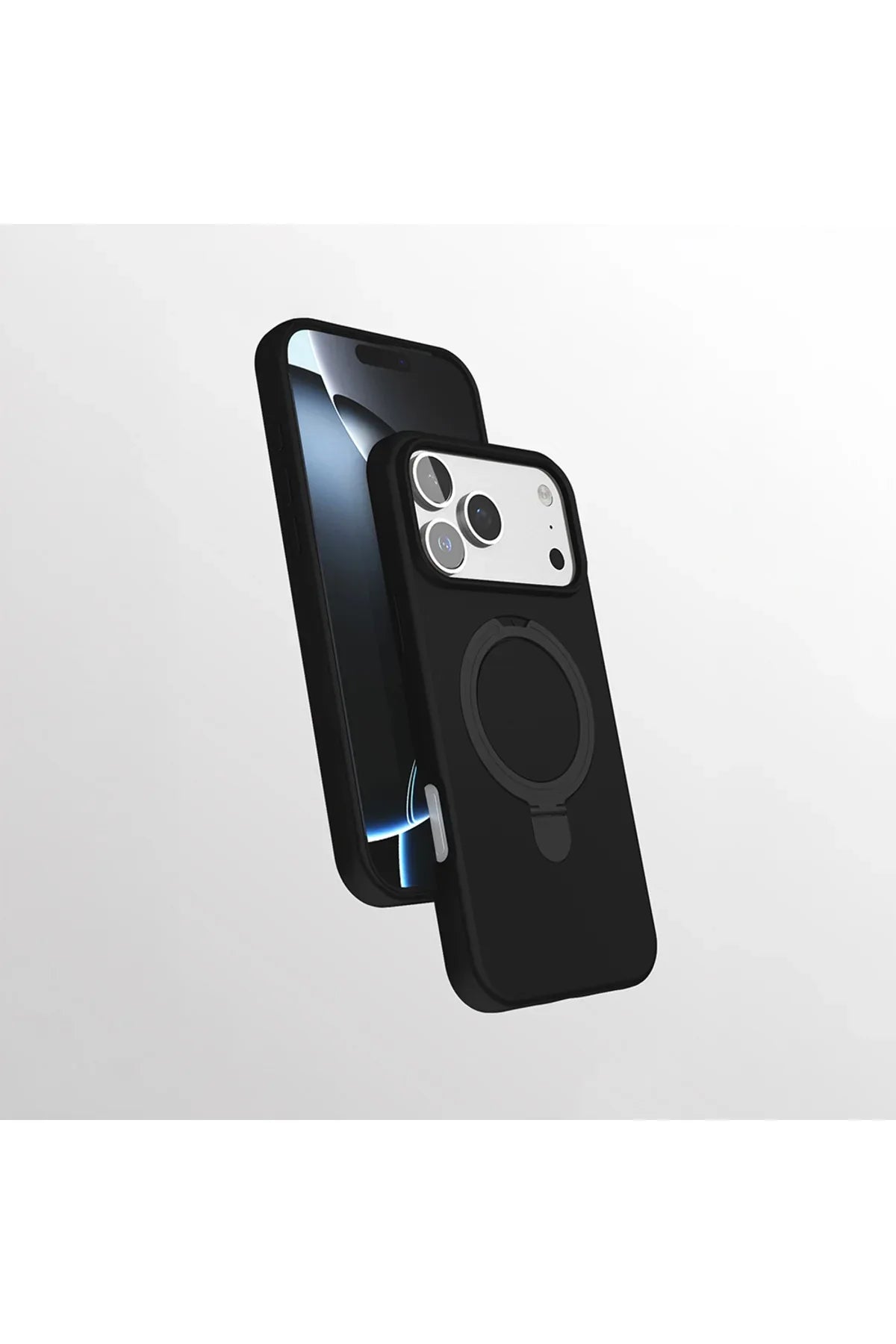 iPhone 17 Pro case in vibrant blue with magnetic charging and ring stand feature