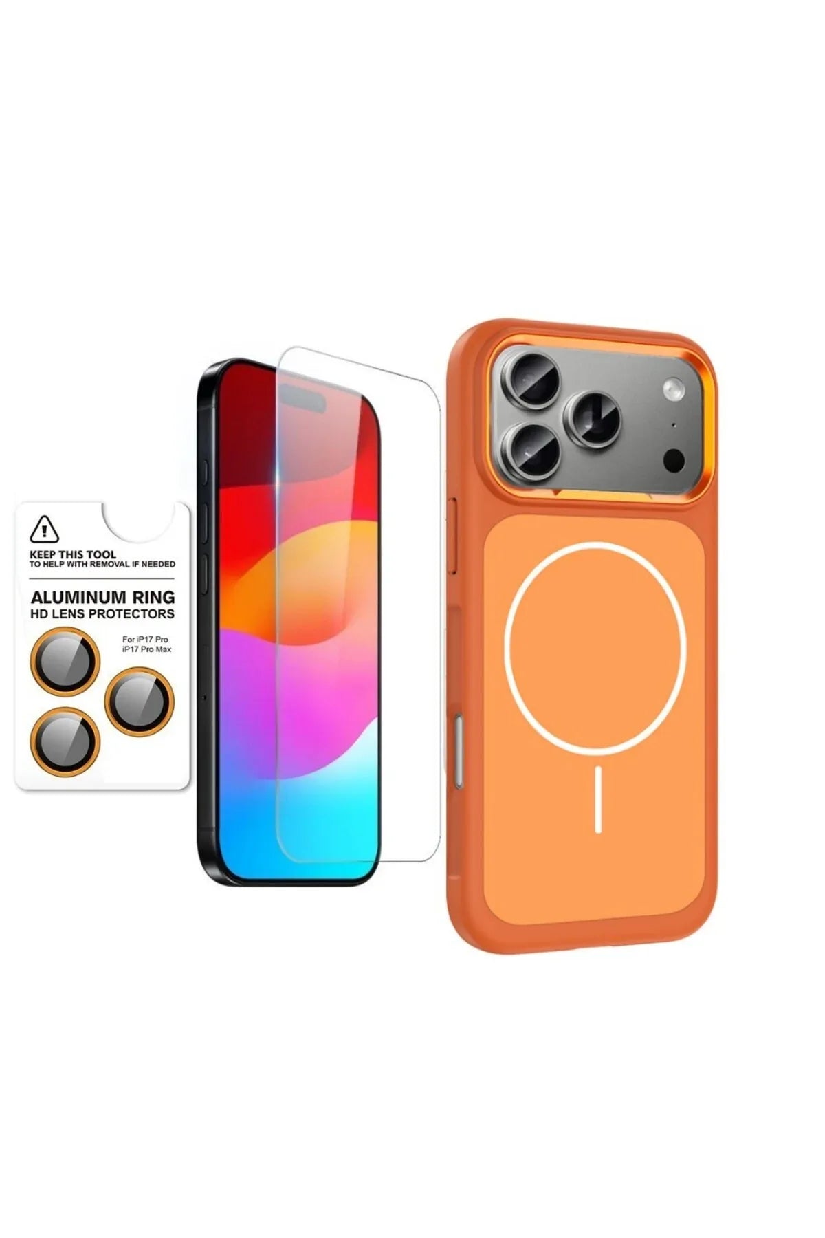 The multi-set package showing the iPhone 17 Pro case, screen protector, and camera lens cover together.