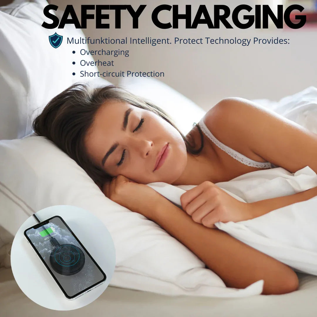 Product features graphic highlighting fast, stable, and aligned magnetic wireless charging for iPhone.