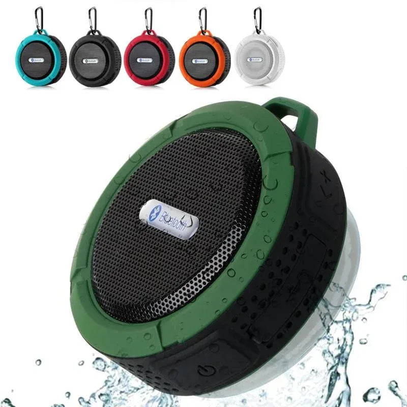 Compact waterproof Bluetooth speaker with suction cup and aluminum protective mesh in black