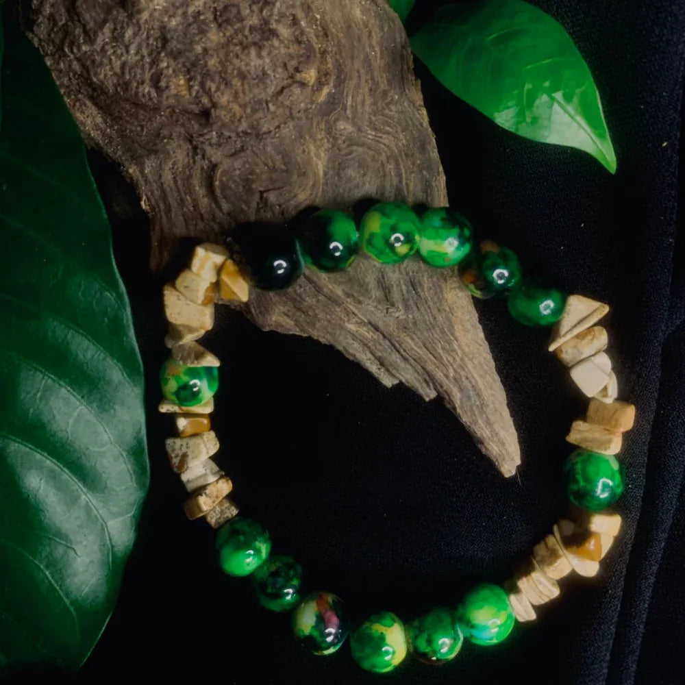 Hand-worn Bark Agate and black-green stone chip stretch bracelet highlighting natural textures.