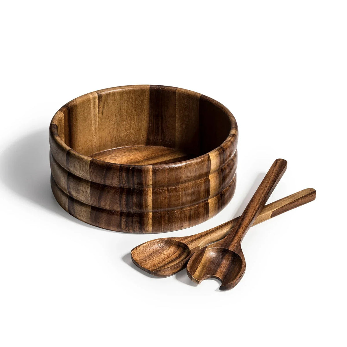 Large handcrafted acacia wood salad bowl with natural grain, shown empty on white background.