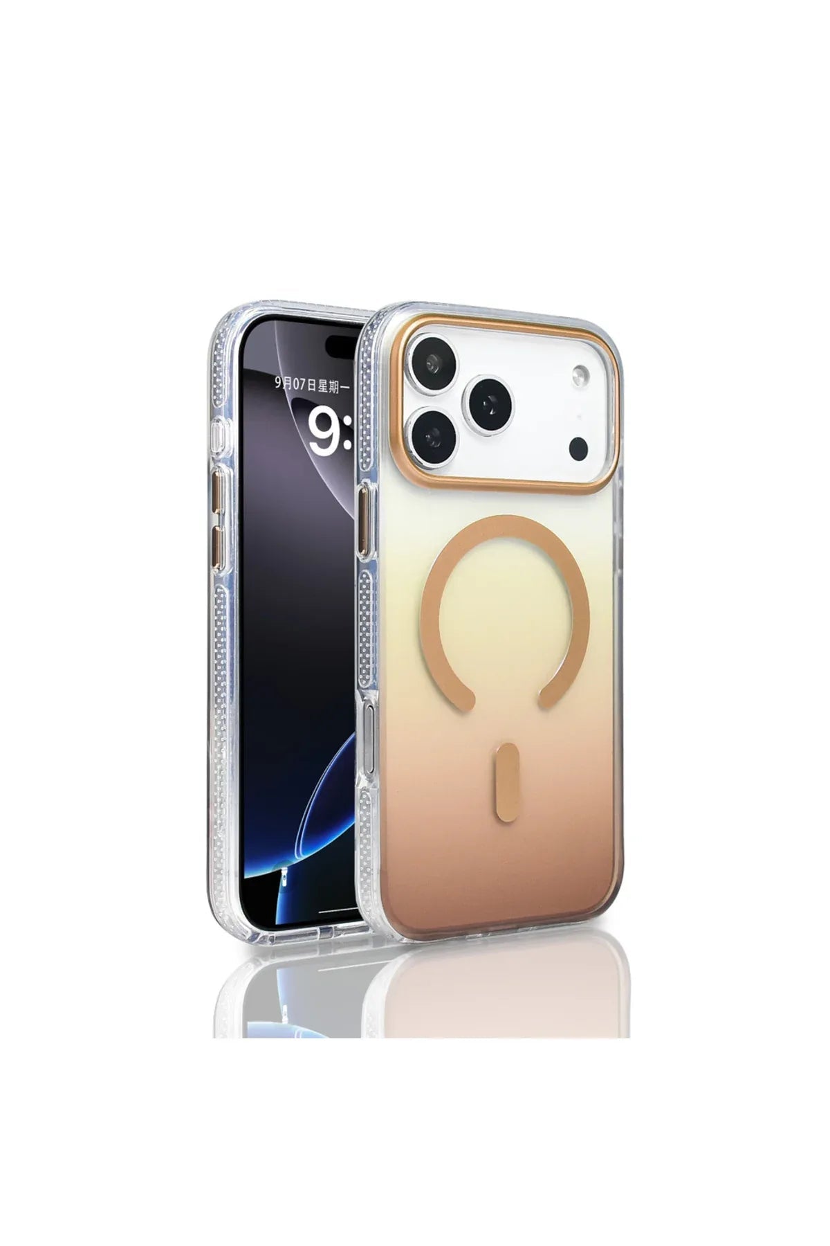 Side view of iPhone 17 Pro Max case showing color reflections on clear rainbow gradient design
