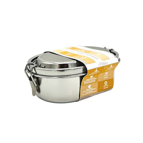 Stainless steel snack box with two compartments, one larger than the other, shown open and empty on a white background.