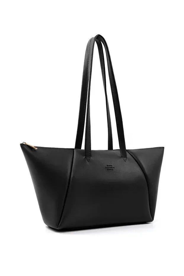 Black Faux Leather Compartment Zipper Hand Shoulder Crossbody Bag - Snagva