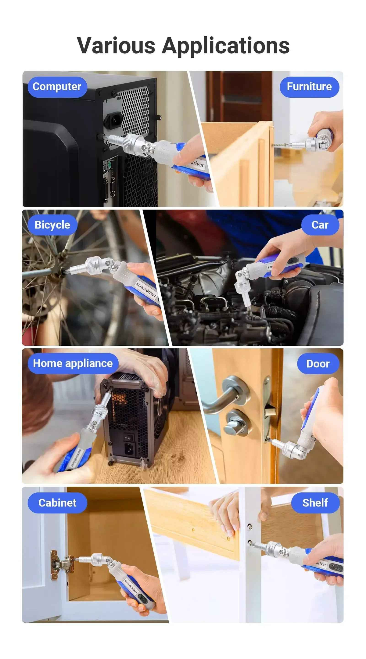 A compact ratcheting screwdriver with multiple interchangeable bits arranged neatly beside the handle.
