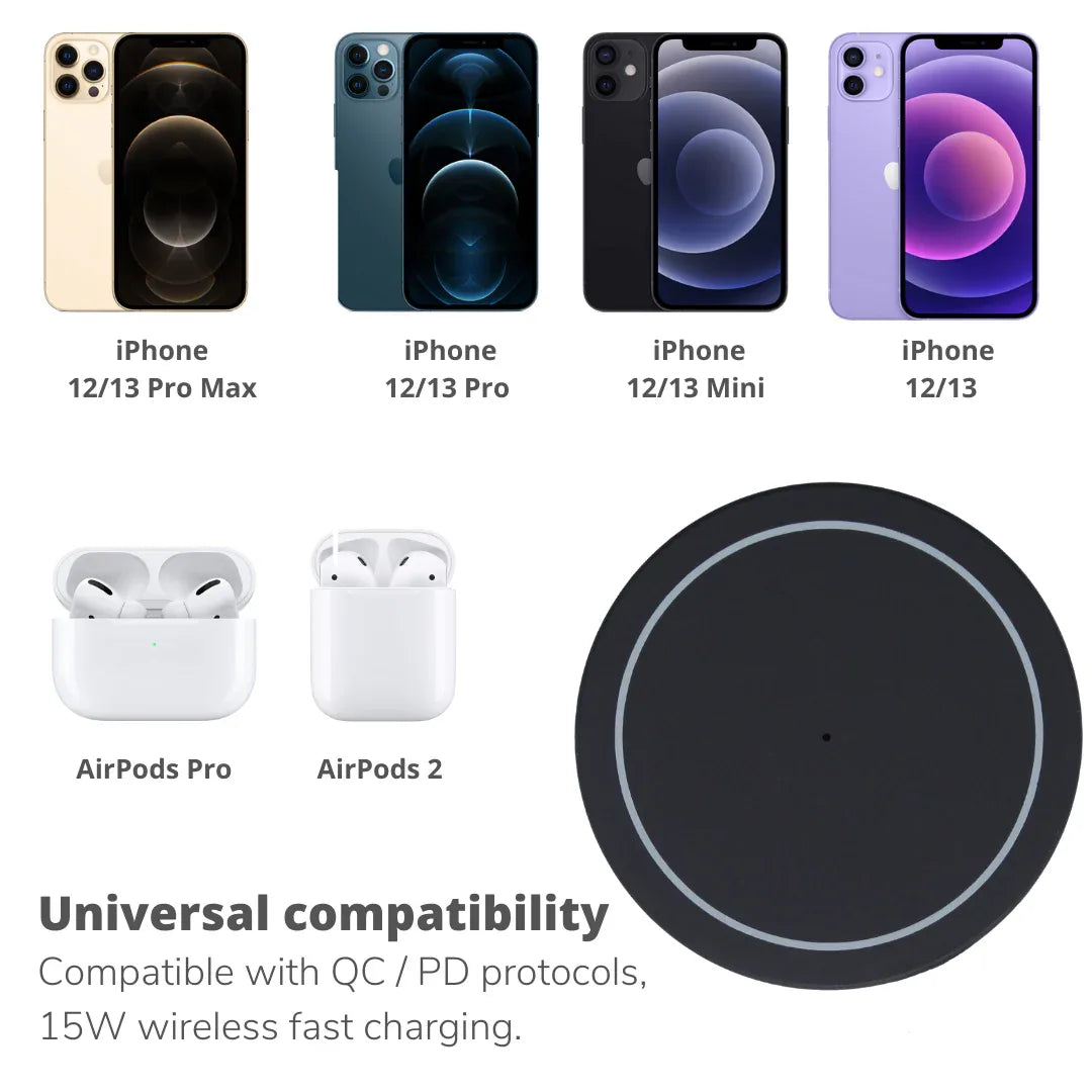 Illustration of charging setup with magnetic wireless charger and USB-C cable connection.