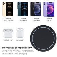 Illustration of charging setup with magnetic wireless charger and USB-C cable connection.